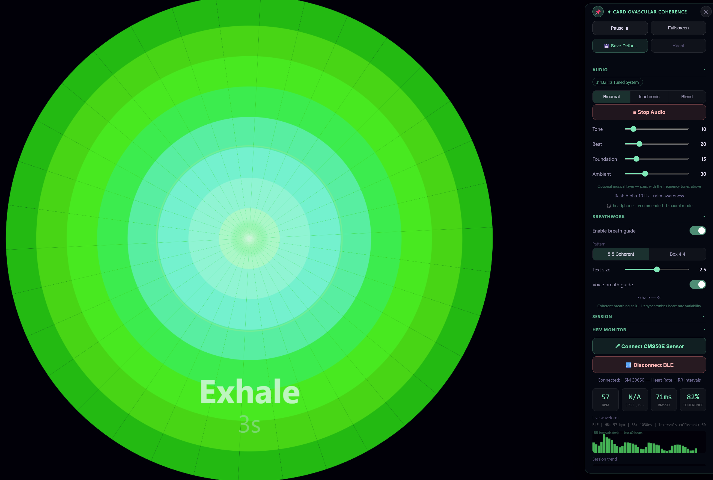 5·5 coherent breathing — 57 BPM, RMSSD 71ms, Coherence 82%